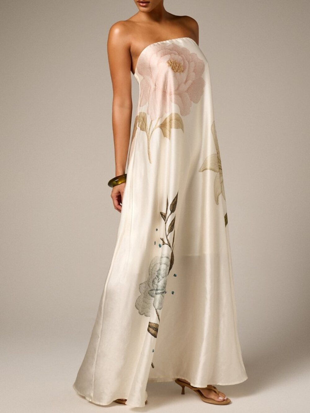 Multicolor Party Women's Elegant Strapless Floral Satin Maxi Dress - Picture 1 of 5